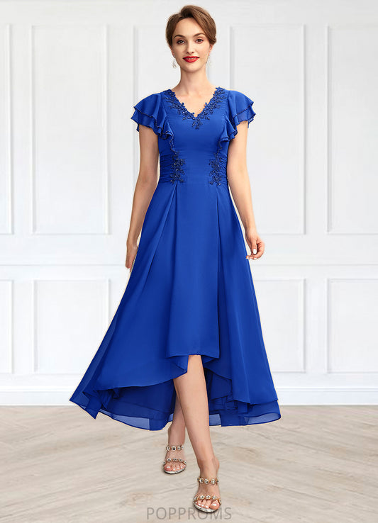 Sherry A-Line V-neck Asymmetrical Chiffon Mother of the Bride Dress With Beading Appliques Lace Sequins Cascading Ruffles PP6126P0014994