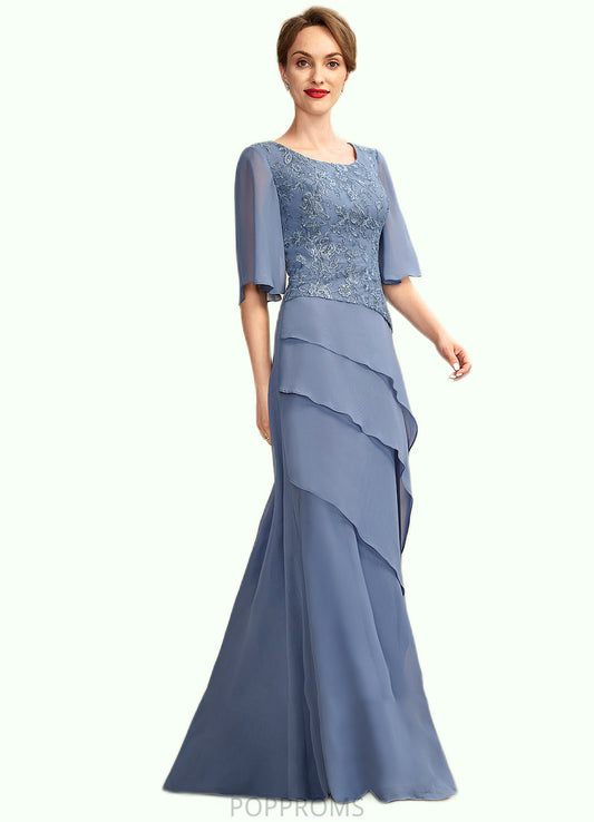 Aurora A-Line Scoop Neck Floor-Length Chiffon Lace Mother of the Bride Dress With Sequins Cascading Ruffles PP6126P0014997