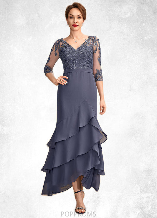 Theresa Trumpet/Mermaid V-neck Asymmetrical Chiffon Lace Mother of the Bride Dress With Sequins Cascading Ruffles PP6126P0015007