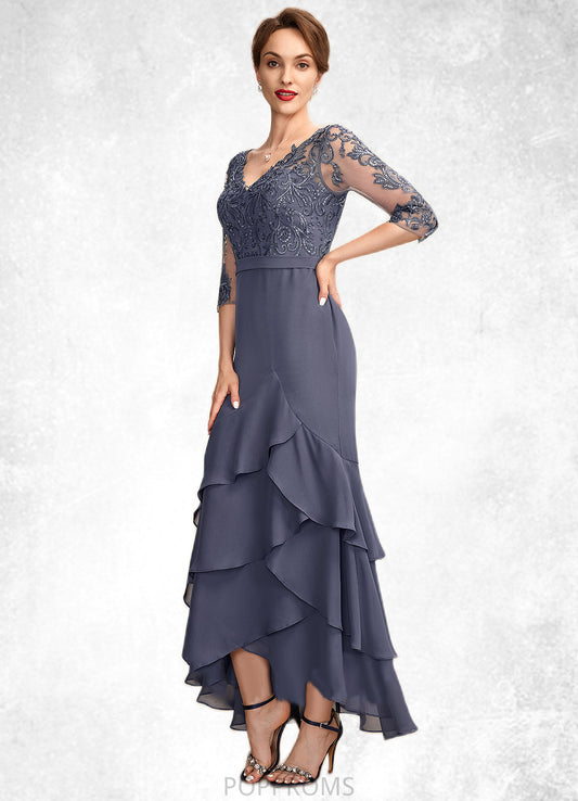 Theresa Trumpet/Mermaid V-neck Asymmetrical Chiffon Lace Mother of the Bride Dress With Sequins Cascading Ruffles PP6126P0015007