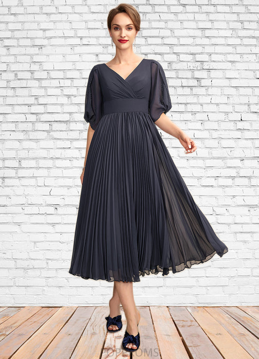 Morgan A-Line V-neck Tea-Length Chiffon Mother of the Bride Dress With Pleated PP6126P0015012