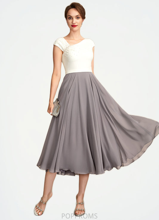 Audrey A-Line V-neck Tea-Length Chiffon Mother of the Bride Dress With Ruffle Beading Sequins PP6126P0015016