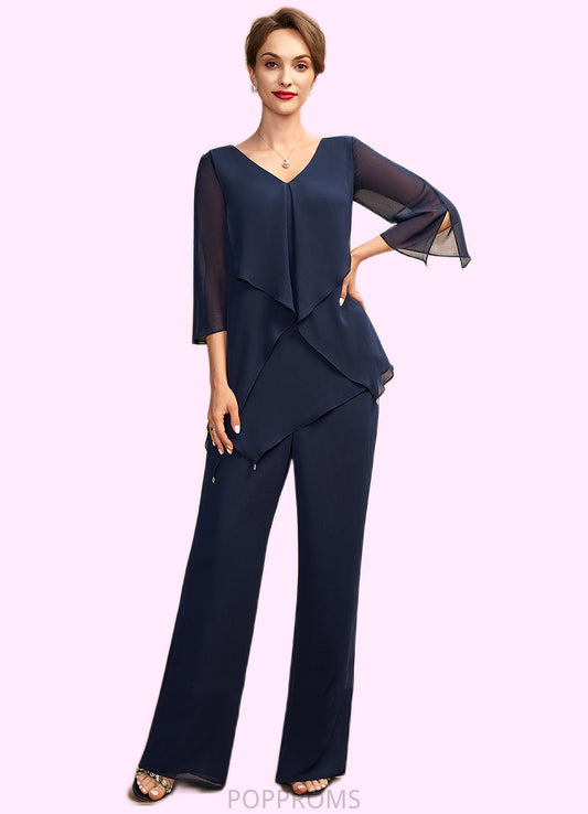 Iyana Jumpsuit/Pantsuit V-neck Floor-Length Chiffon Mother of the Bride Dress With Cascading Ruffles PP6126P0015019