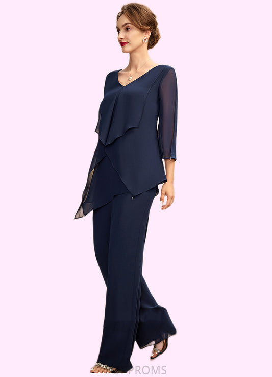 Iyana Jumpsuit/Pantsuit V-neck Floor-Length Chiffon Mother of the Bride Dress With Cascading Ruffles PP6126P0015019