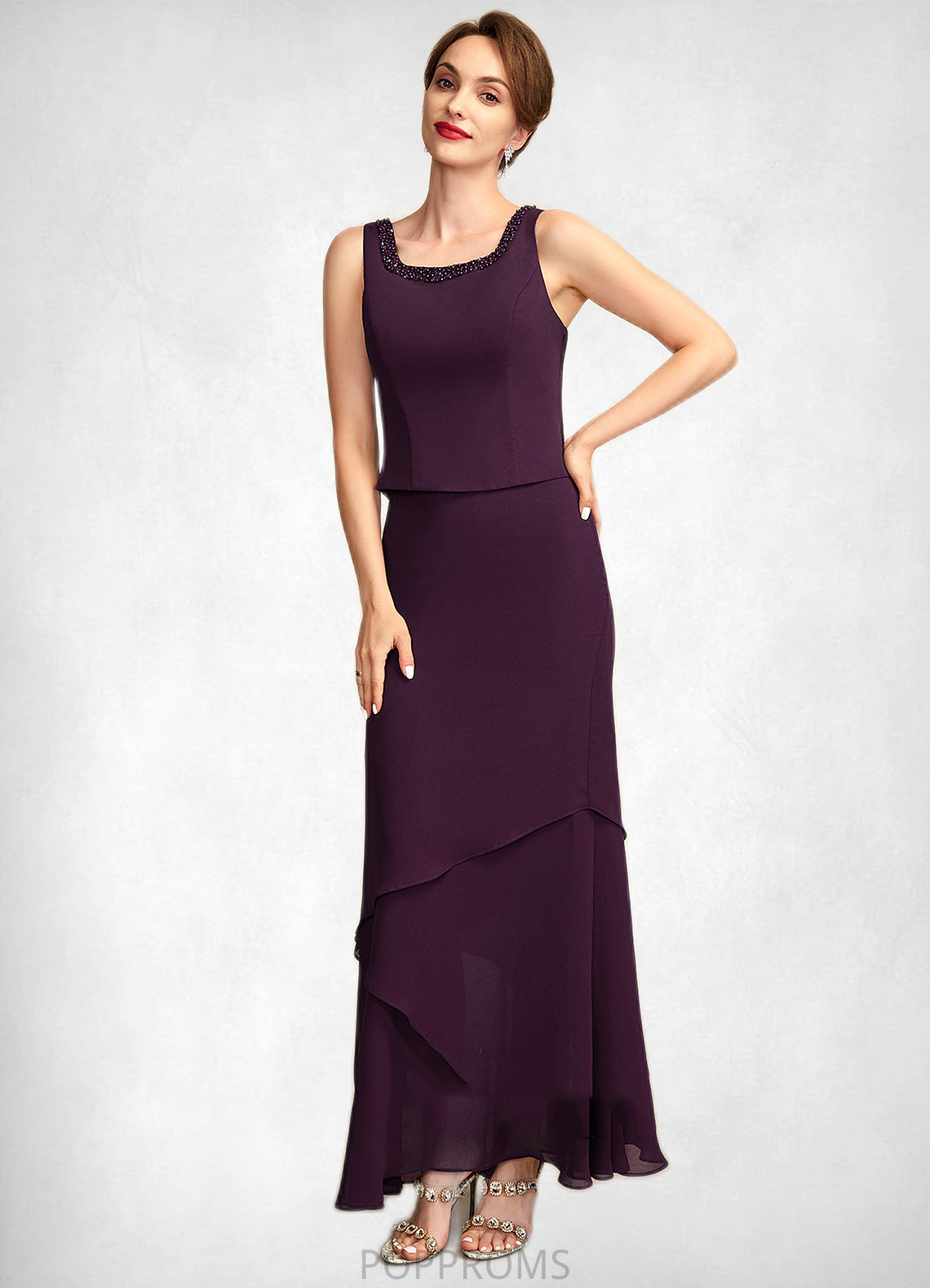 Giada Sheath/Column Scoop Neck Ankle-Length Chiffon Mother of the Bride Dress With Beading Sequins PP6126P0015024