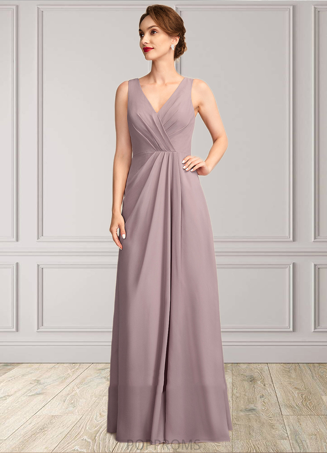 Victoria A-Line V-neck Floor-Length Chiffon Mother of the Bride Dress With Ruffle PP6126P0015026