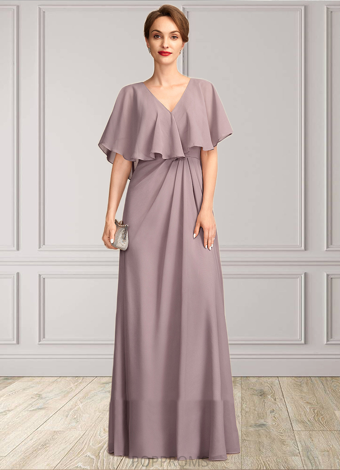 Victoria A-Line V-neck Floor-Length Chiffon Mother of the Bride Dress With Ruffle PP6126P0015026