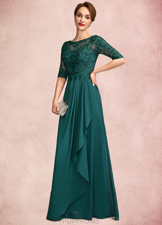 Lily A-Line Scoop Neck Floor-Length Chiffon Lace Mother of the Bride Dress With Beading Sequins Cascading Ruffles PP6126P0015027