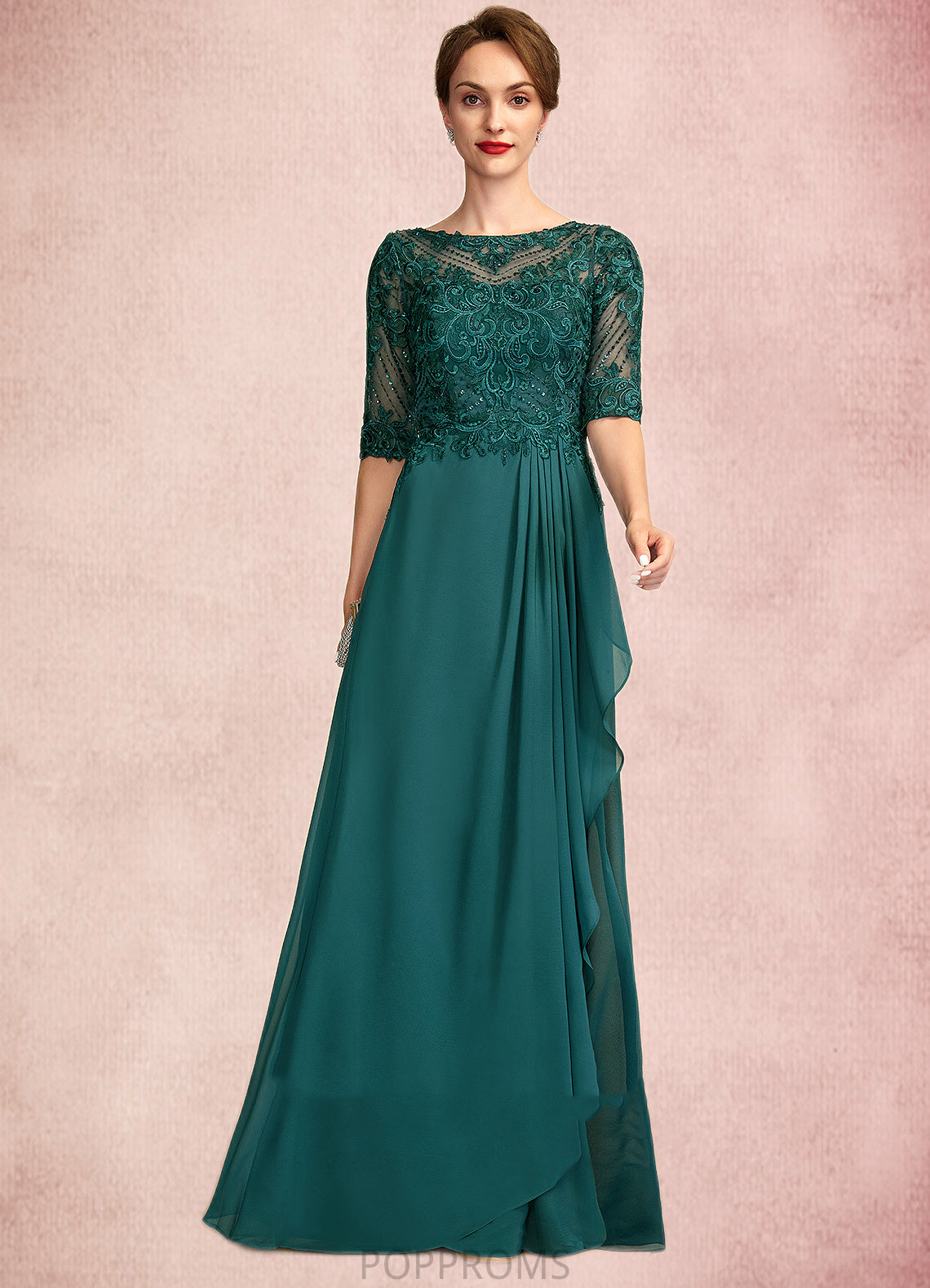 Lily A-Line Scoop Neck Floor-Length Chiffon Lace Mother of the Bride Dress With Beading Sequins Cascading Ruffles PP6126P0015027