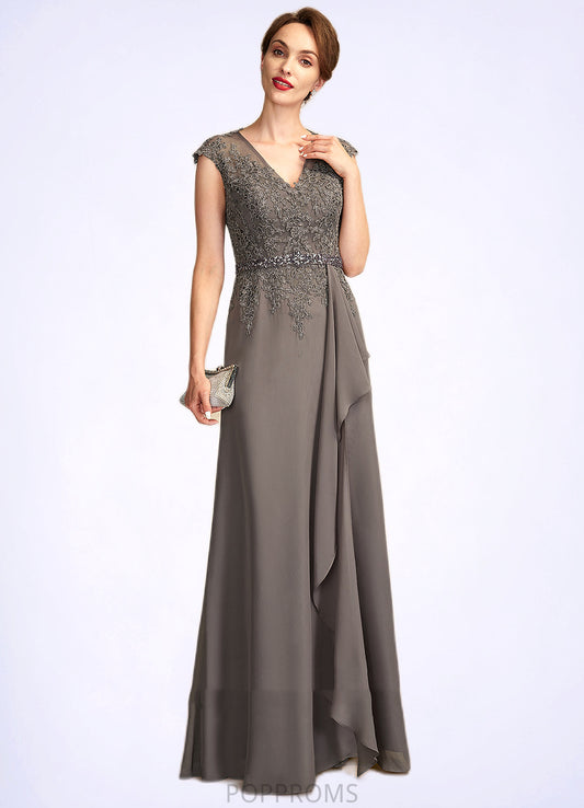 Jode A-Line V-neck Floor-Length Chiffon Lace Mother of the Bride Dress With Beading Sequins Cascading Ruffles PP6126P0015030