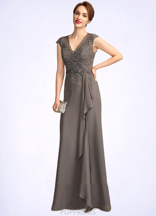 Jode A-Line V-neck Floor-Length Chiffon Lace Mother of the Bride Dress With Beading Sequins Cascading Ruffles PP6126P0015030