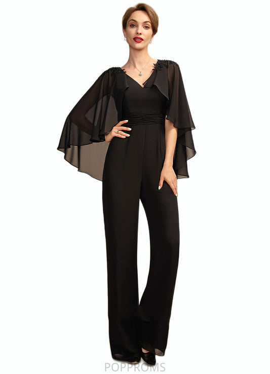 Taliyah Jumpsuit/Pantsuit V-neck Floor-Length Chiffon Mother of the Bride Dress With Ruffle Beading Appliques Lace Sequins PP6126P0015033