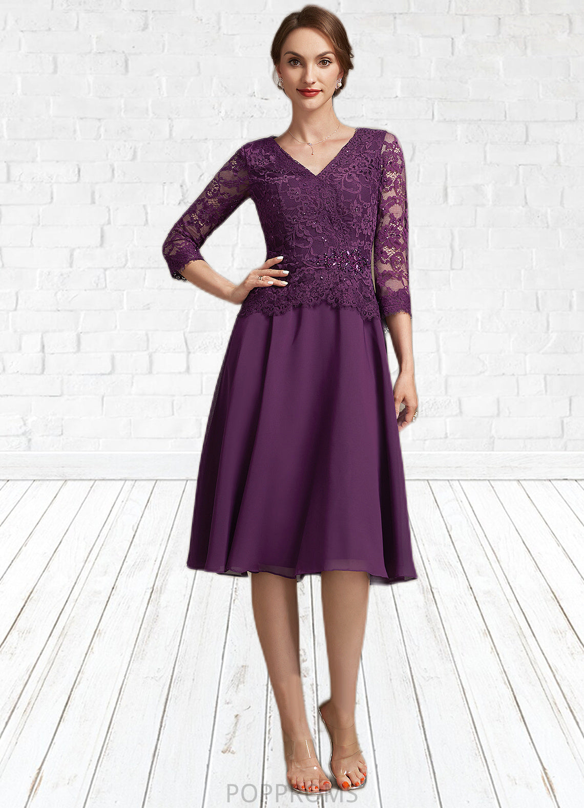 Mila A-Line V-neck Knee-Length Chiffon Lace Mother of the Bride Dress With Beading Sequins PP6126P0015035