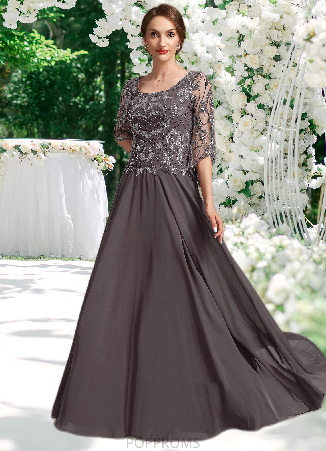 Amina A-Line Scoop Neck Floor-Length Chiffon Lace Mother of the Bride Dress With Beading Sequins PP6126P0015036