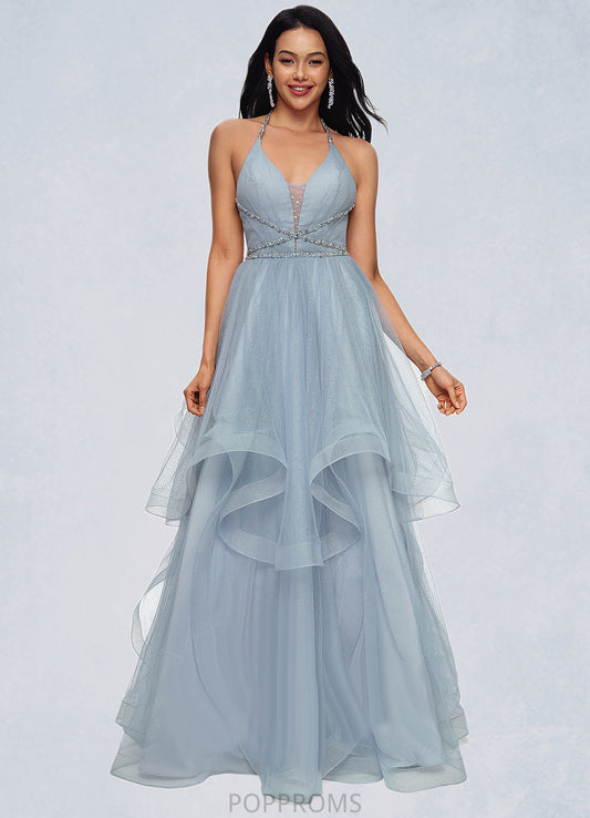 Margaret Ball-Gown/Princess Halter V-Neck Floor-Length Tulle Prom Dresses With Beading Rhinestone Sequins PP6P0022199