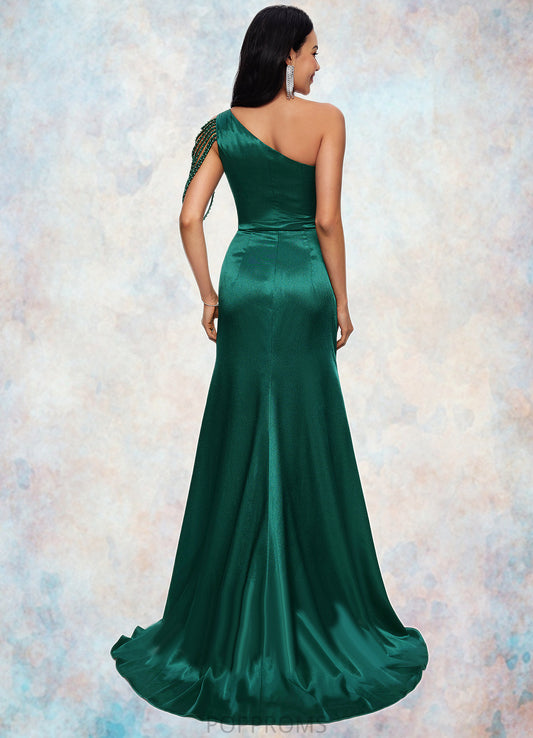 Erin Trumpet/Mermaid One Shoulder Sweep Train Stretch Satin Prom Dresses With Beading PP6P0022205