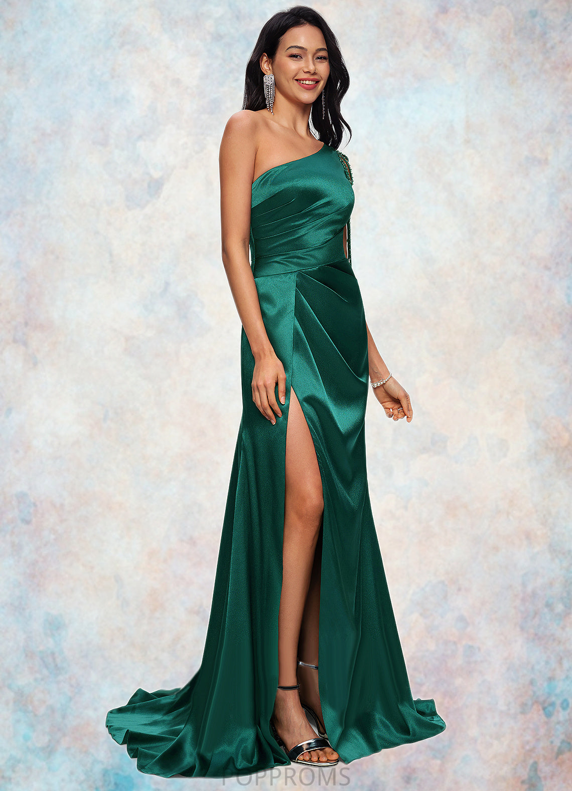 Erin Trumpet/Mermaid One Shoulder Sweep Train Stretch Satin Prom Dresses With Beading PP6P0022205
