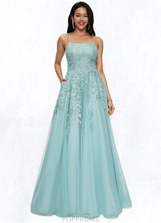Maryjane Ball-Gown/Princess Straight Floor-Length Tulle Prom Dresses With Appliques Lace Sequins PP6P0022206