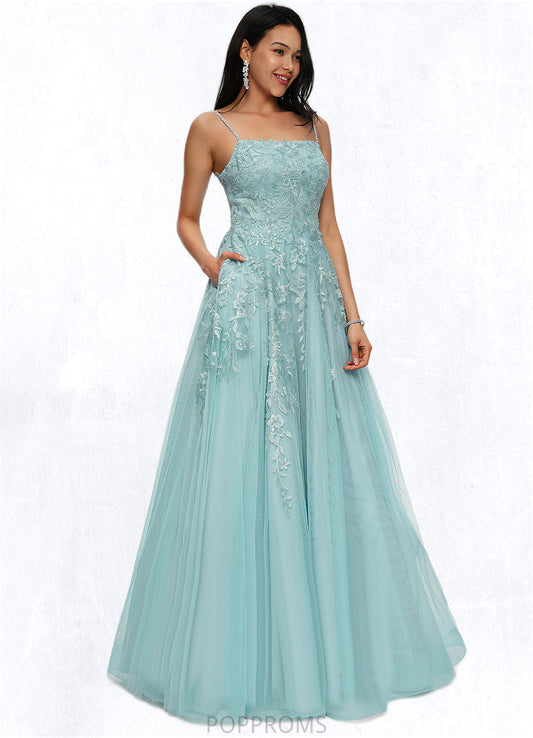 Maryjane Ball-Gown/Princess Straight Floor-Length Tulle Prom Dresses With Appliques Lace Sequins PP6P0022206