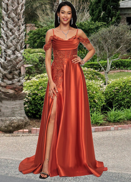 Savanna A-line Off the Shoulder Sweep Train Satin Prom Dresses With Rhinestone PP6P0022208
