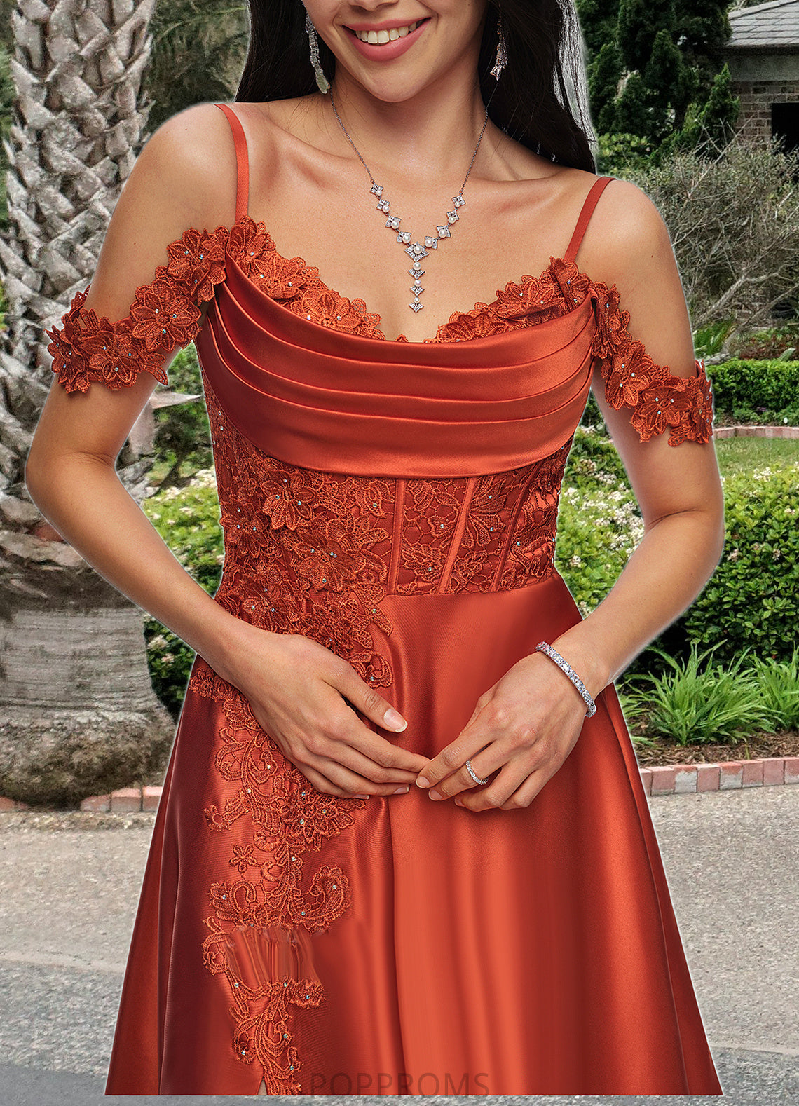 Savanna A-line Off the Shoulder Sweep Train Satin Prom Dresses With Rhinestone PP6P0022208