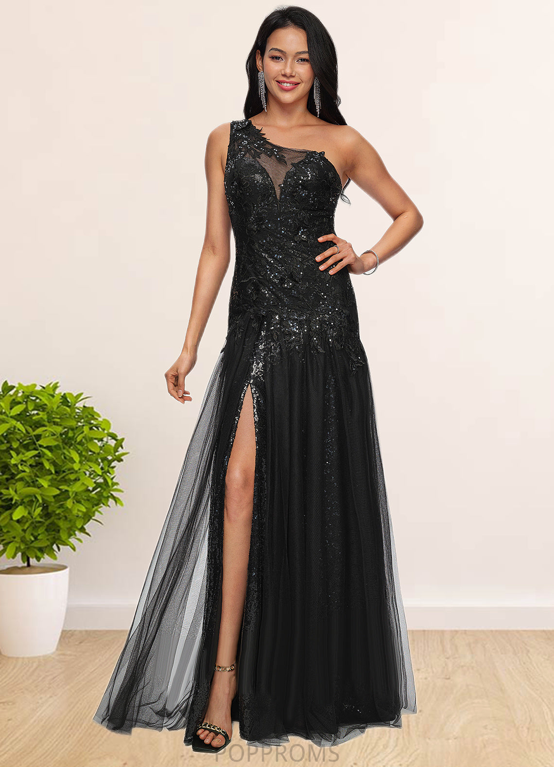 Isabelle Trumpet/Mermaid One Shoulder Illusion Floor-Length Lace Tulle Prom Dresses With Sequins PP6P0022217