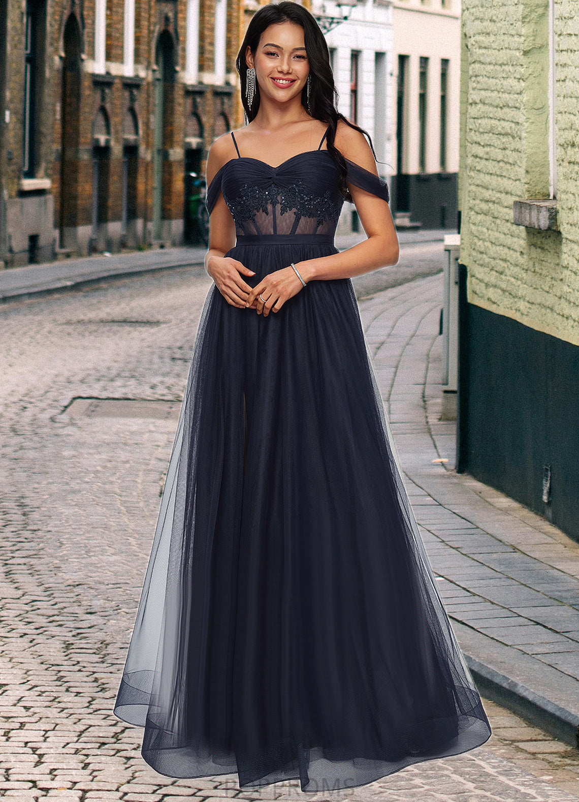 Annabella Ball-Gown/Princess Off the Shoulder Floor-Length Tulle Prom Dresses With Appliques Lace Sequins PP6P0022221