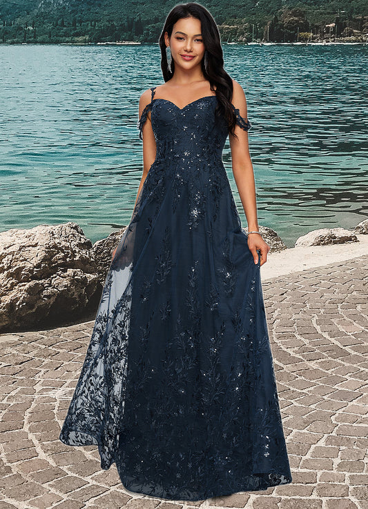 Aleena A-line V-Neck Floor-Length Lace Prom Dresses With Sequins PP6P0022222