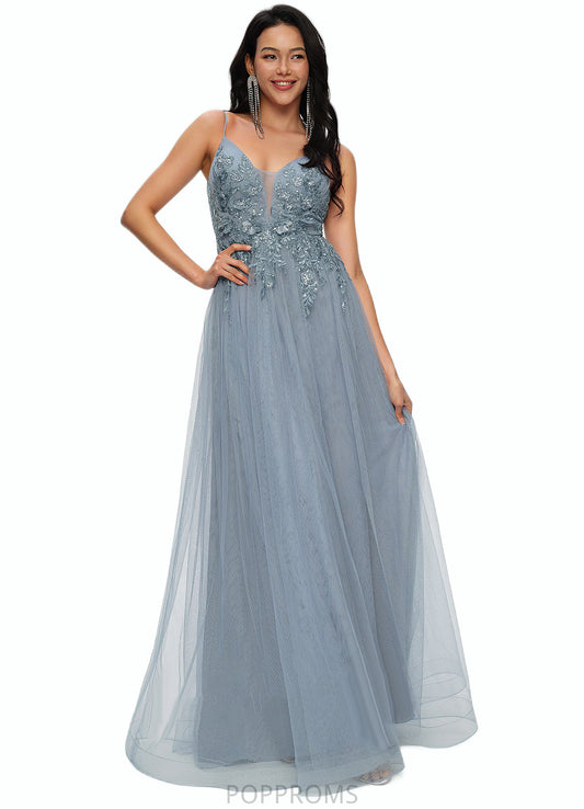 Luciana A-line V-Neck Floor-Length Tulle Prom Dresses With Appliques Lace Sequins PP6P0022223