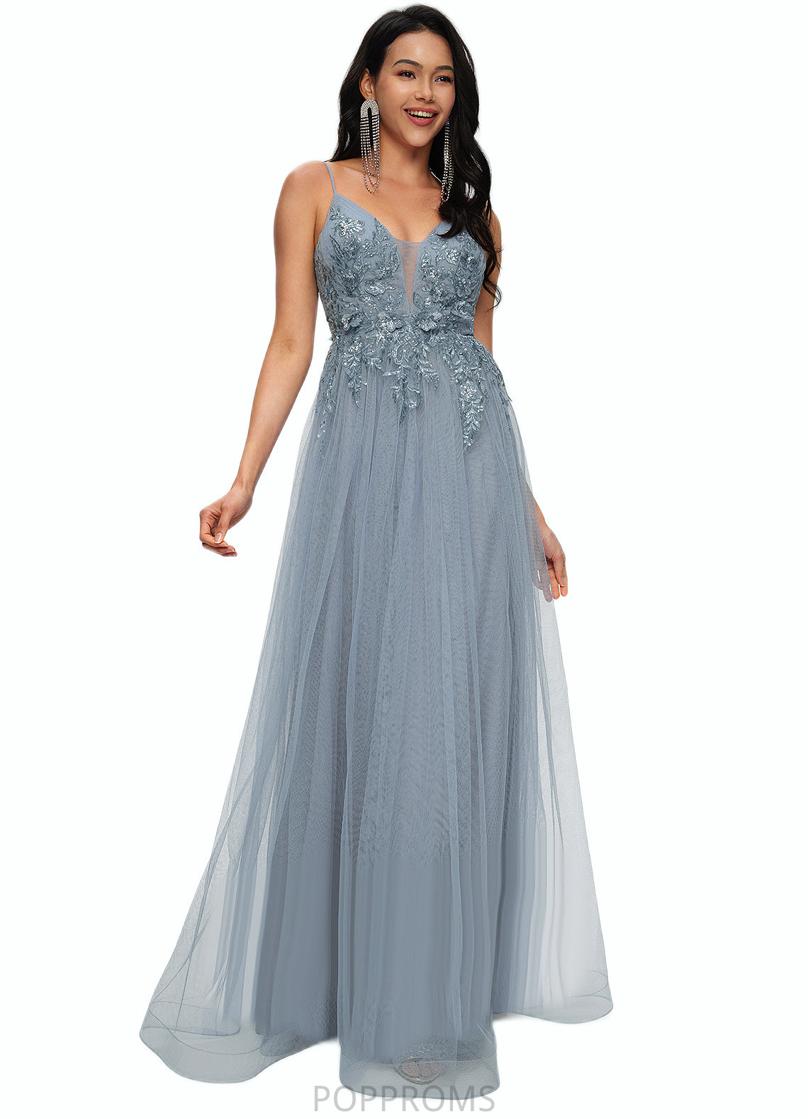 Luciana A-line V-Neck Floor-Length Tulle Prom Dresses With Appliques Lace Sequins PP6P0022223