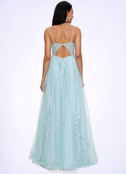 Nataly A-line V-Neck Floor-Length Tulle Prom Dresses With Rhinestone Appliques Lace Sequins PP6P0022225