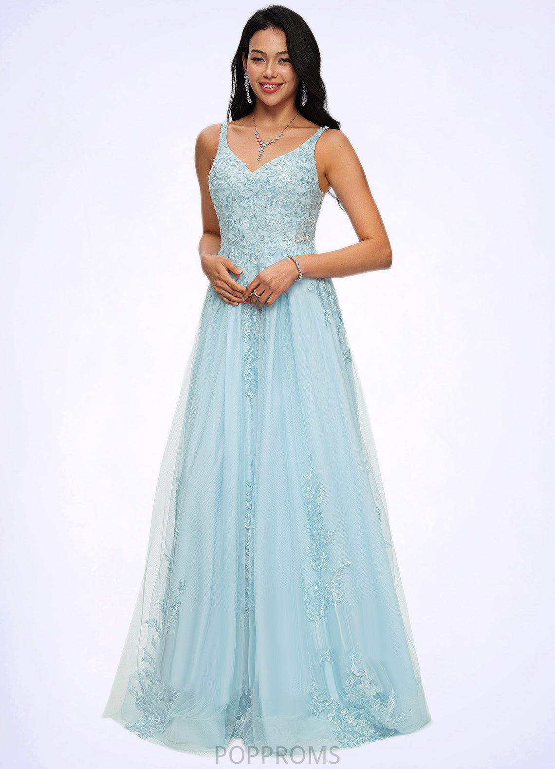 Nataly A-line V-Neck Floor-Length Tulle Prom Dresses With Rhinestone Appliques Lace Sequins PP6P0022225