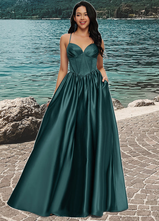 Chasity Ball-Gown/Princess V-Neck Floor-Length Satin Prom Dresses With Pleated PP6P0022230