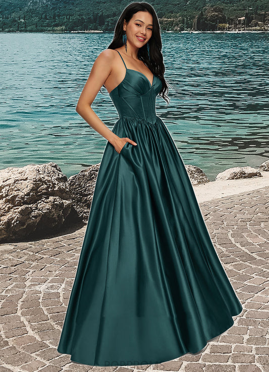 Chasity Ball-Gown/Princess V-Neck Floor-Length Satin Prom Dresses With Pleated PP6P0022230