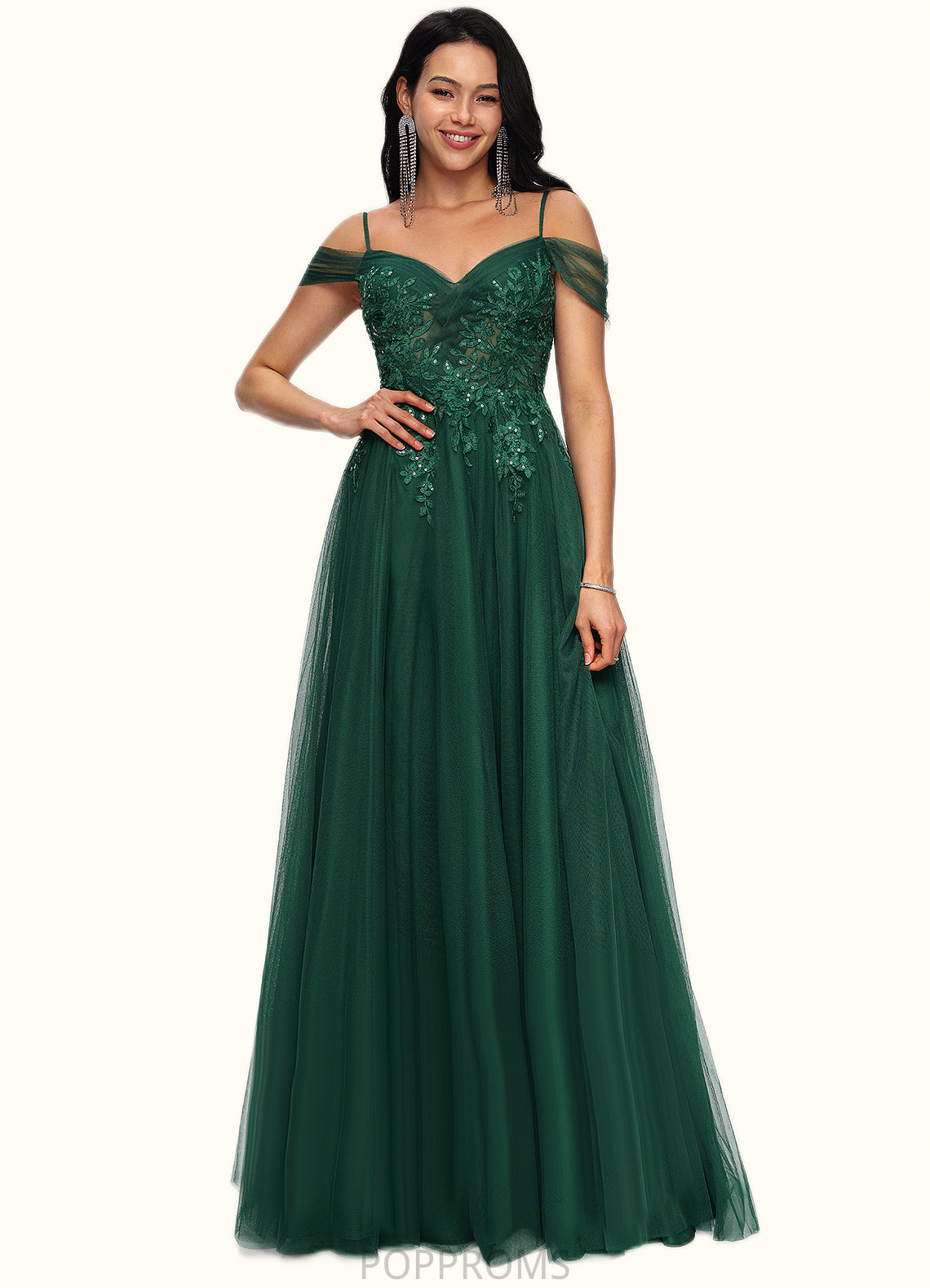 Taylor A-line Off the Shoulder Floor-Length Tulle Prom Dresses With Appliques Lace Sequins PP6P0022231