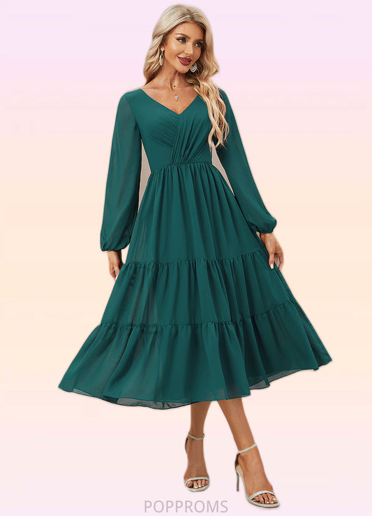 Marisa A-line V-Neck Tea-Length Chiffon Evening Dress With Pleated PP6P0022249