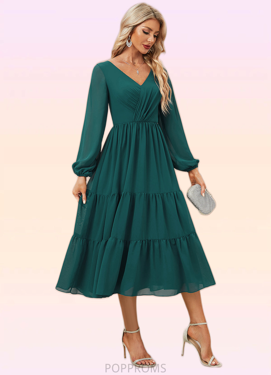 Marisa A-line V-Neck Tea-Length Chiffon Evening Dress With Pleated PP6P0022249