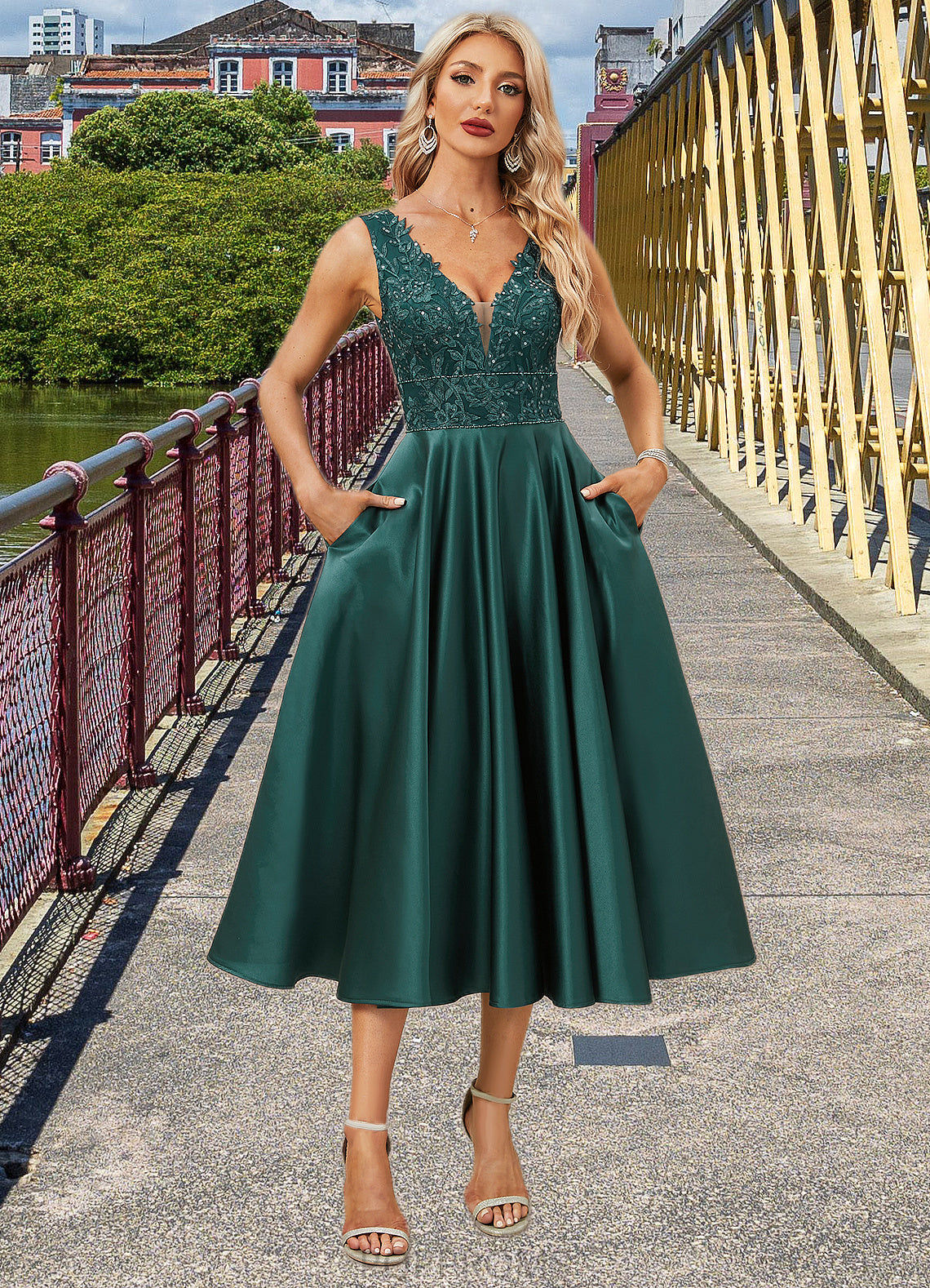 Jazlyn A-line V-Neck Tea-Length Lace Satin Evening Dress With Sequins PP6P0022270
