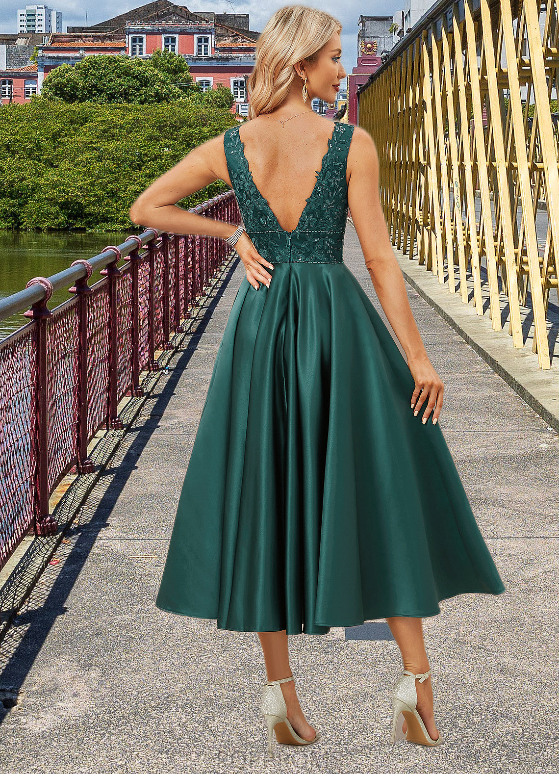 Jazlyn A-line V-Neck Tea-Length Lace Satin Evening Dress With Sequins PP6P0022270