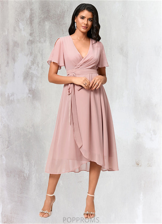 Shayla A-line V-Neck Asymmetrical Chiffon Cocktail Dress With Bow Pleated PP6P0022368