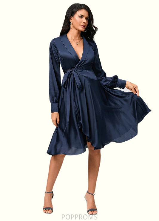 Jocelyn A-line V-Neck Asymmetrical Silky Satin Cocktail Dress With Bow PP6P0022385