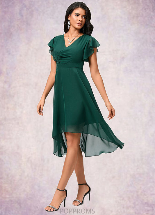 Charlee A-line V-Neck Asymmetrical Chiffon Cocktail Dress With Ruffle PP6P0022459