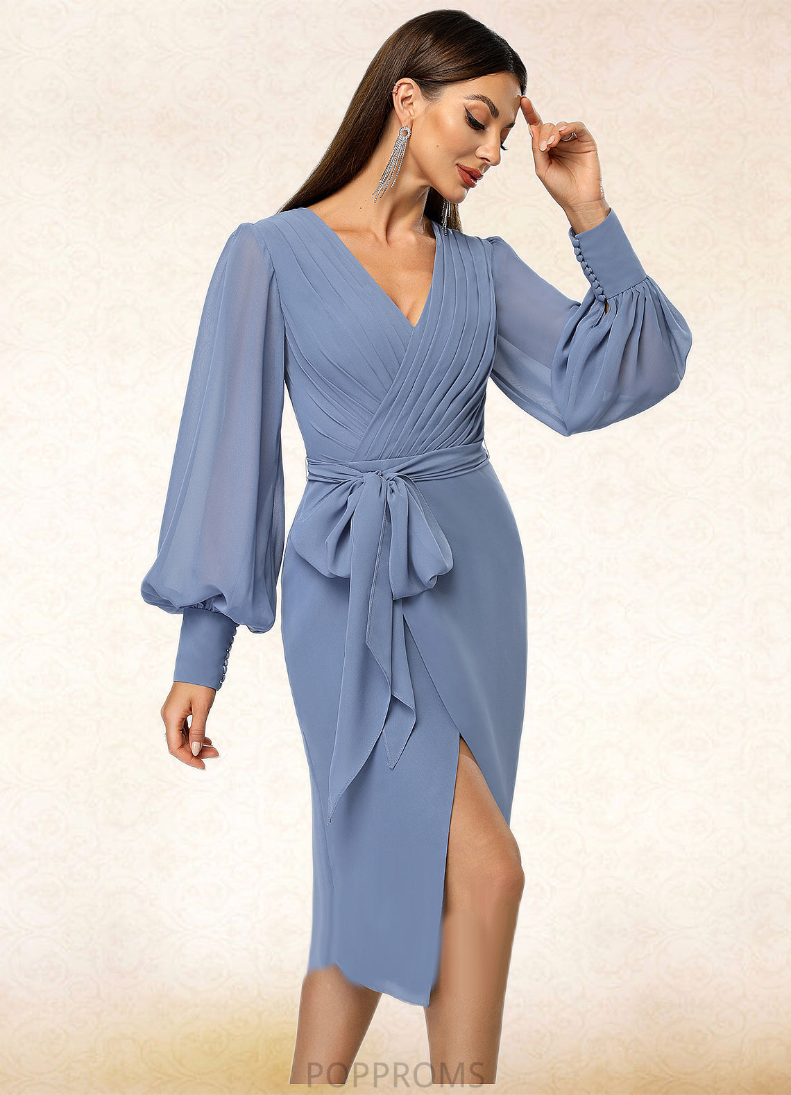 Joselyn Sheath/Column V-Neck Knee-Length Chiffon Cocktail Dress With Bow Pleated PP6P0022484