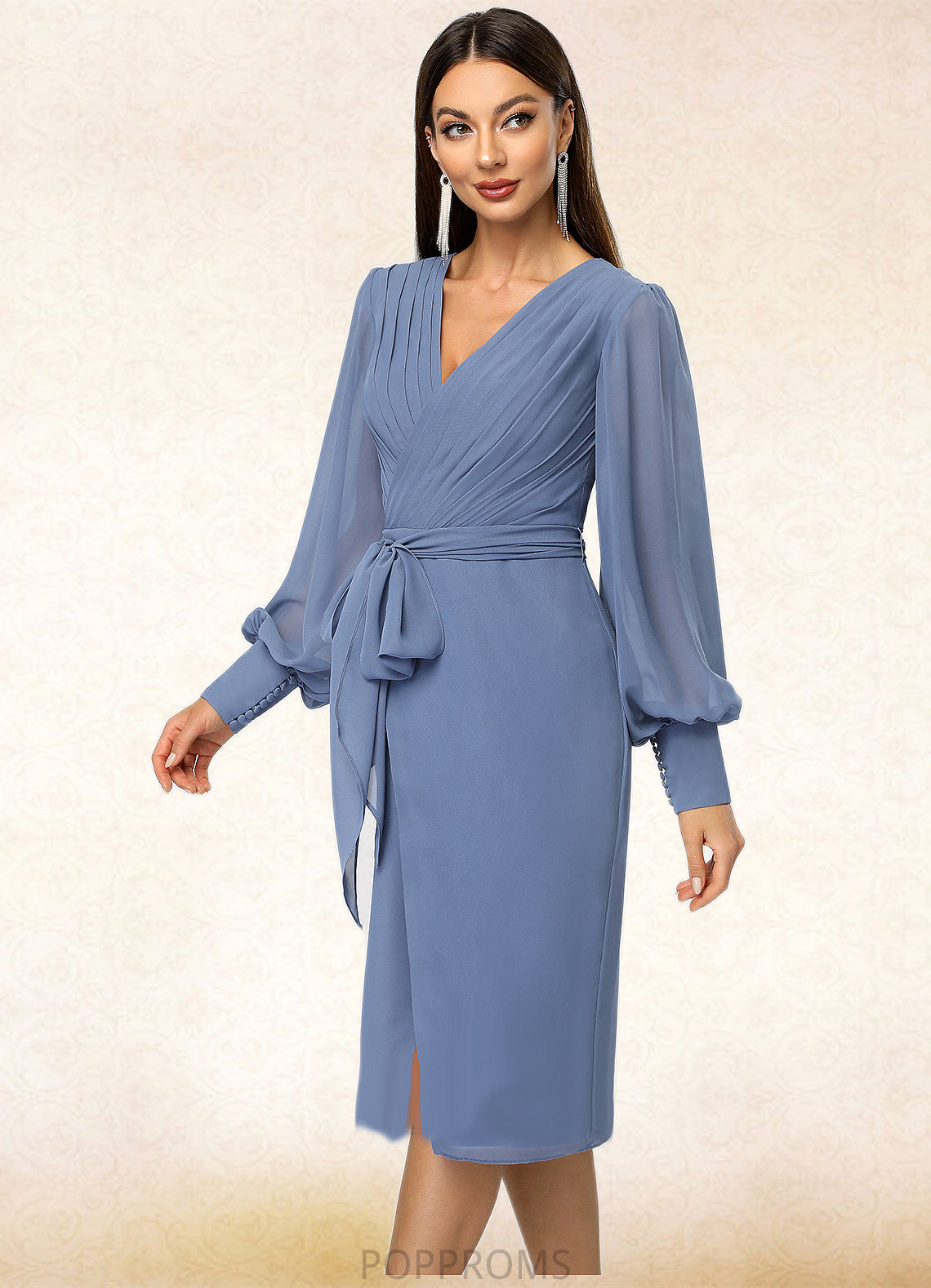 Joselyn Sheath/Column V-Neck Knee-Length Chiffon Cocktail Dress With Bow Pleated PP6P0022484