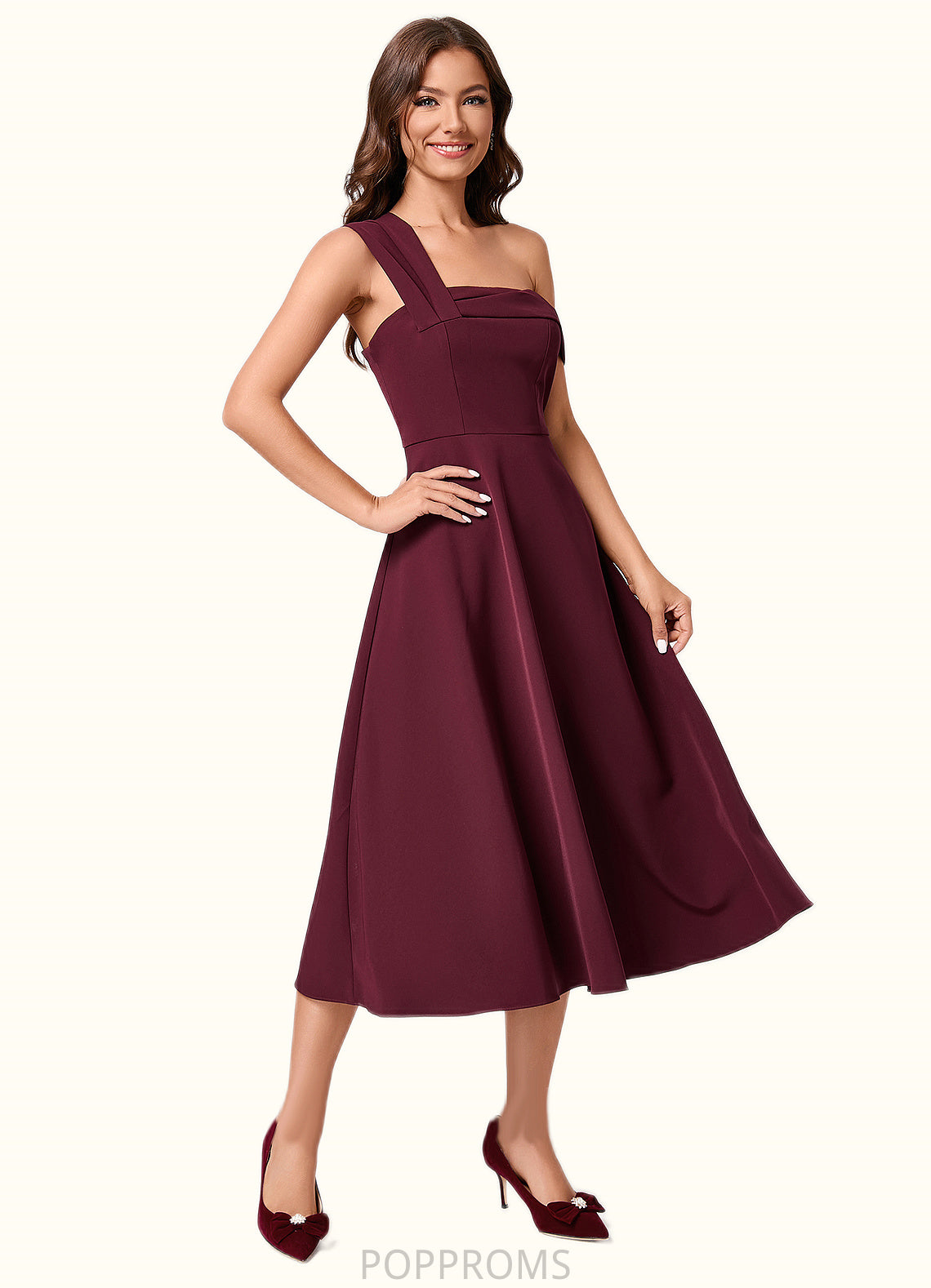 Joselyn A-line One Shoulder Tea-Length Stretch Crepe Cocktail Dress With Ruffle PP6P0022501