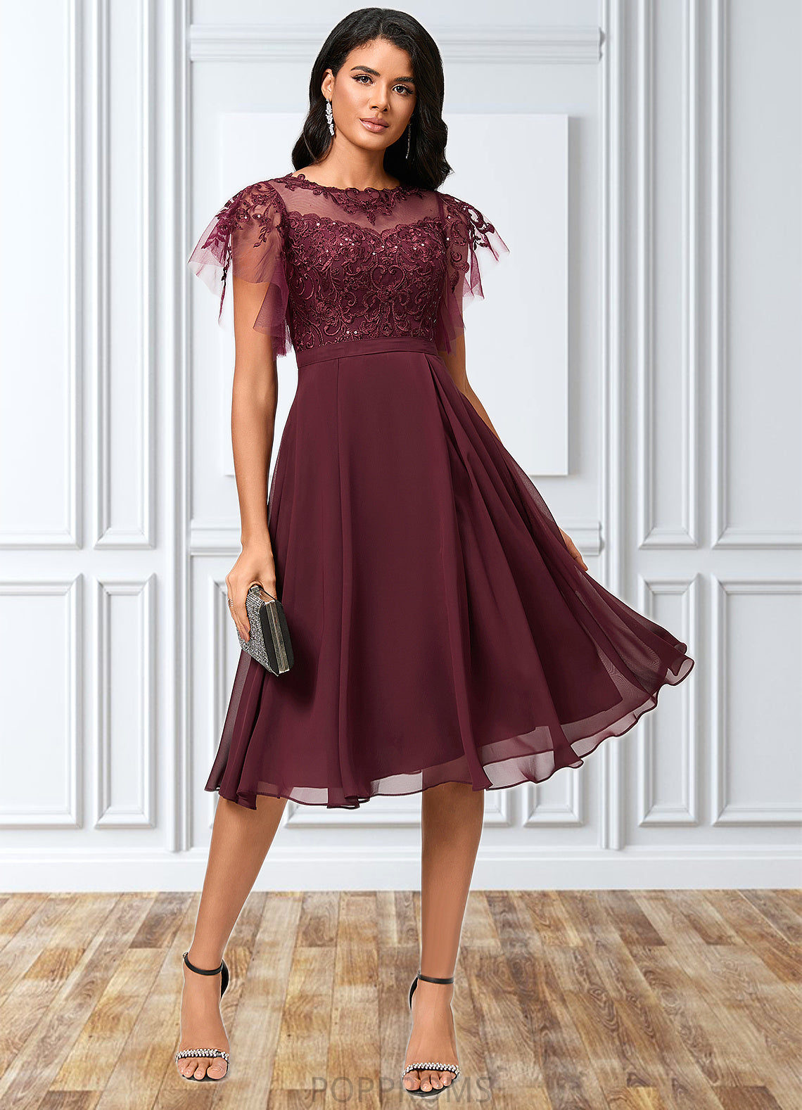 Makayla A-line Illusion Knee-Length Chiffon Cocktail Dress With Sequins PP6P0022512
