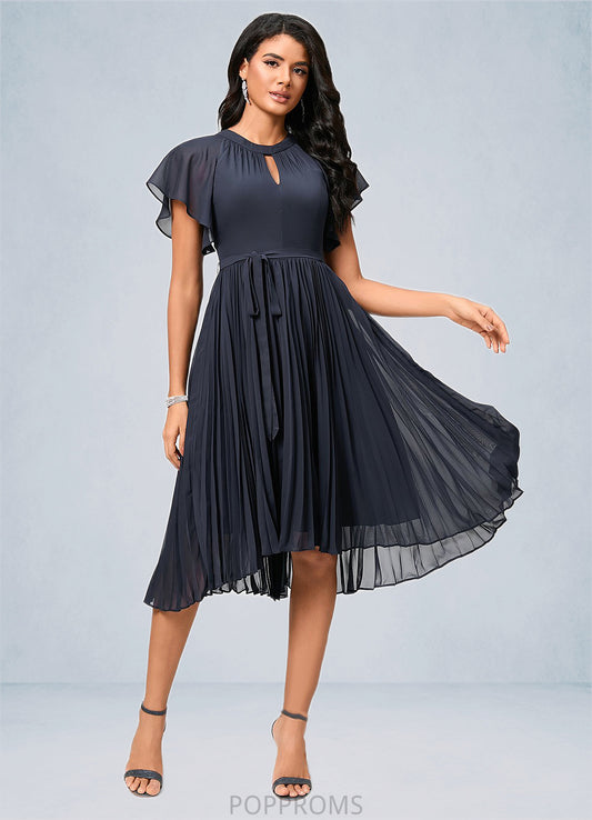 Charlize A-line Scoop Asymmetrical Chiffon Cocktail Dress With Bow Pleated PP6P0022530
