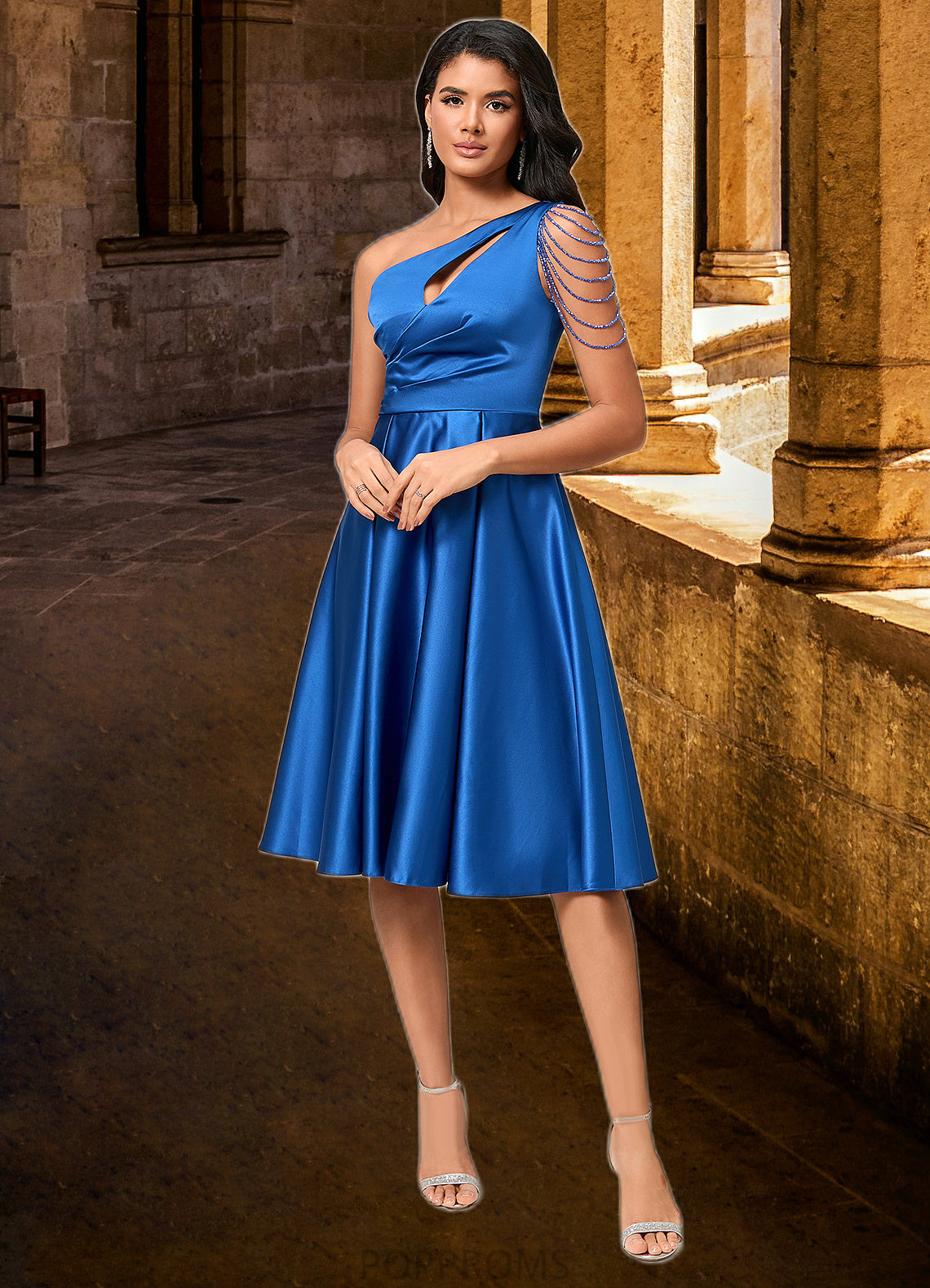 Regina A-line One Shoulder Knee-Length Satin Cocktail Dress With Beading Pleated PP6P0022531