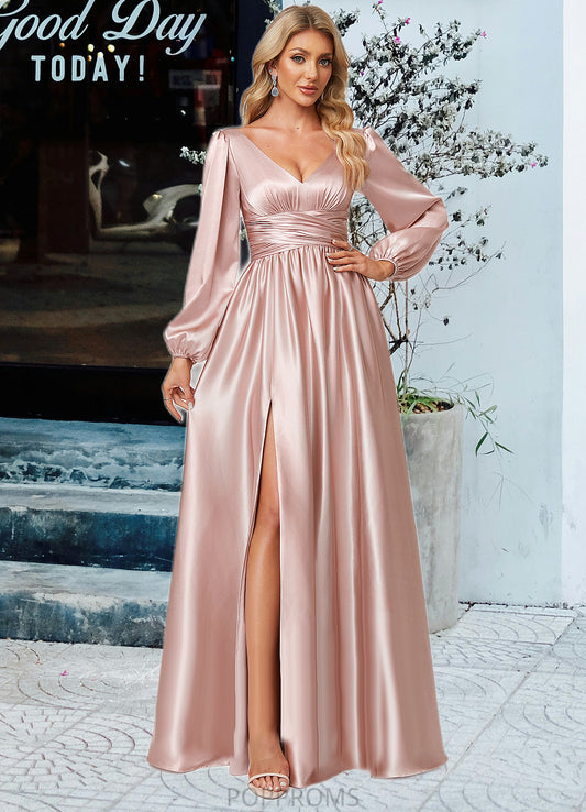 Theresa A-line V-Neck Floor-Length Stretch Satin Bridesmaid Dress PP6P0022597