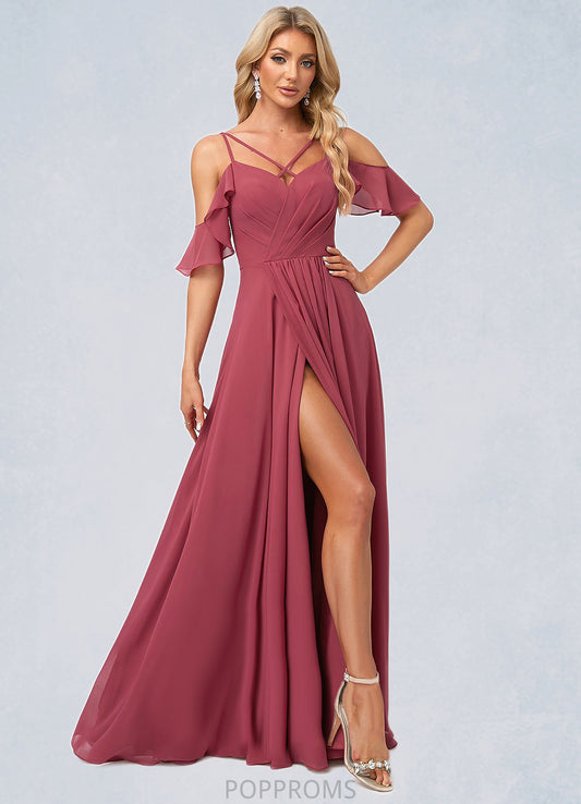 Emely A-line Cold Shoulder Floor-Length Chiffon Bridesmaid Dress With Ruffle PP6P0022605
